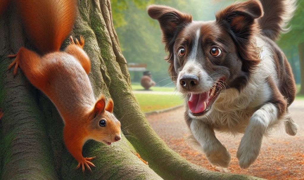 Dog Chases Squirrel in a park